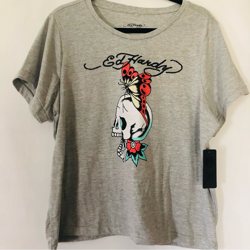 T Shirt Scull Print Size  1X  Gray Butterfly Orange - Picture 3 of 5